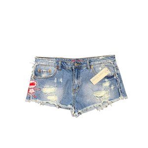 Signature 8 Medium Denim Shorts NWT Distressed Boho 6 Floral Patches Buckle